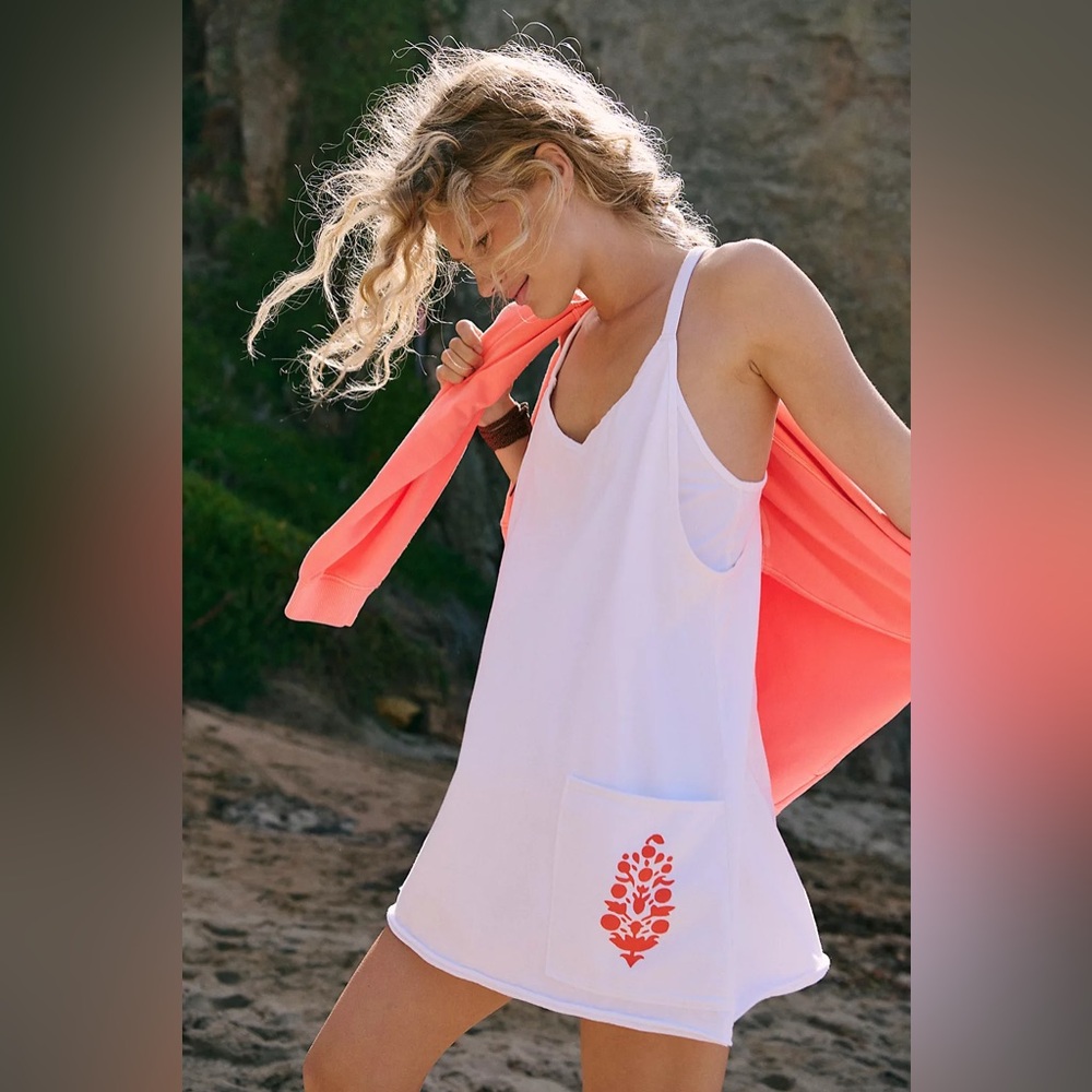 NWT Free People Movement Hot Shot Logo Mini Dress In White/Scarlet Buti Combo